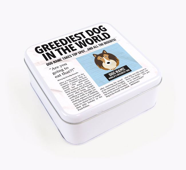 Personalised 'Greediest Dog' Newspaper Print Square Tin for your {breedFullName}